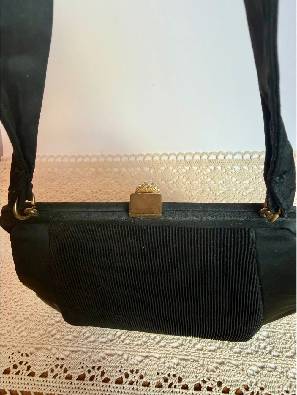 Vintage Garay Black Pleated Evening Handbag Rhinestone Pearl Clasp Purse